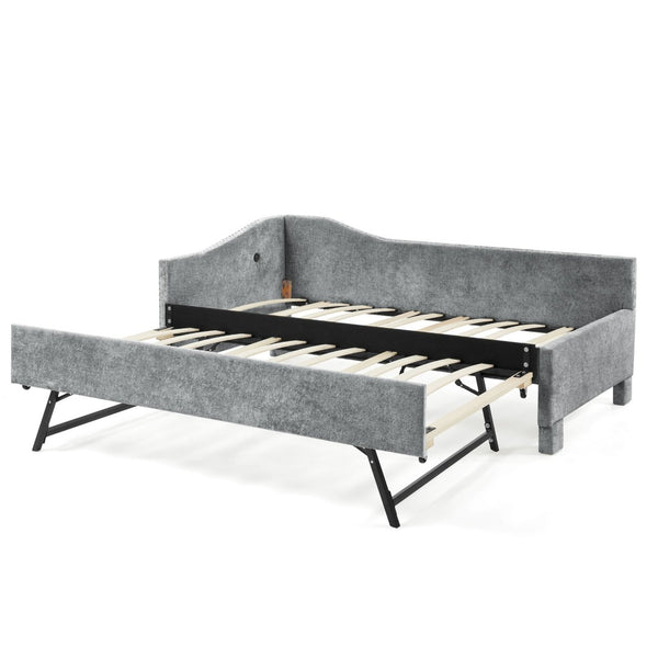 English Elm Full Chenille Daybed with Trundle Nailhead Trim Curved Backrest and Usb Charging Port Grey W1413S00203