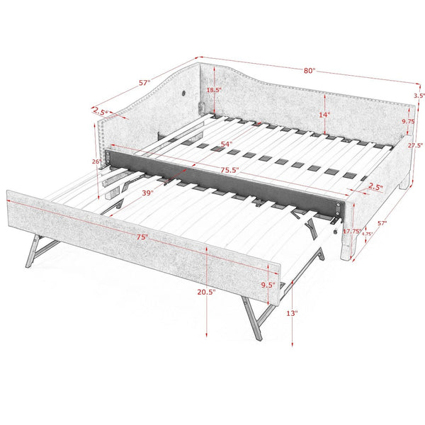 English Elm Full Chenille Daybed with Trundle Nailhead Trim Curved Backrest and Usb Charging Port Grey W1413S00203