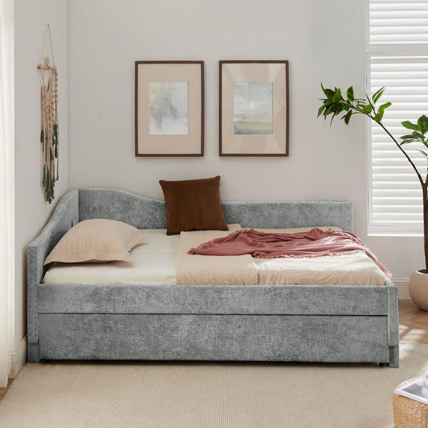 English Elm Full Chenille Daybed with Trundle Nailhead Trim Curved Backrest and Usb Charging Port Grey W1413S00203