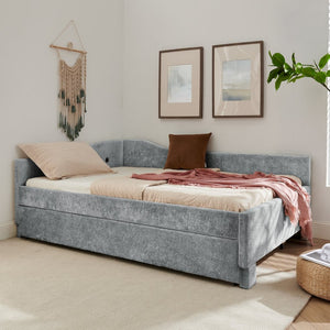 English Elm Full Chenille Daybed with Trundle Nailhead Trim Curved Backrest and Usb Charging Port Grey W1413S00203