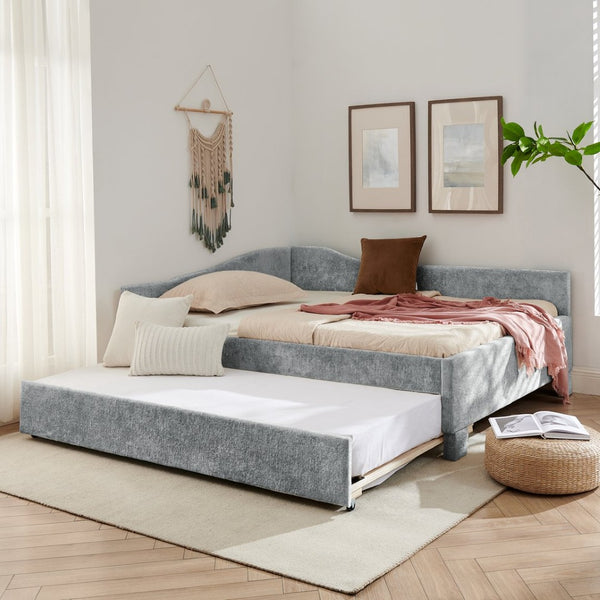 English Elm Full Chenille Daybed with Trundle Nailhead Trim Curved Backrest and Usb Charging Port Grey W1413S00203