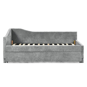English Elm Full Chenille Daybed with Trundle Nailhead Trim Curved Backrest and Usb Charging Port Grey W1413S00203