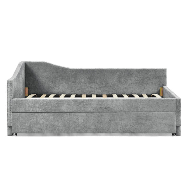 English Elm Full Chenille Daybed with Trundle Nailhead Trim Curved Backrest and Usb Charging Port Grey W1413S00203