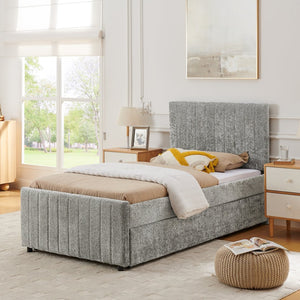 English Elm Twin Chenille Upholstered Daybed with Pull Out Trundle for Compact Guest Bedroom Gray W1413S00204