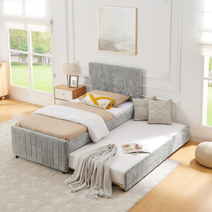English Elm Twin Chenille Upholstered Daybed with Pull Out Trundle for Compact Guest Bedroom Gray W1413S00204