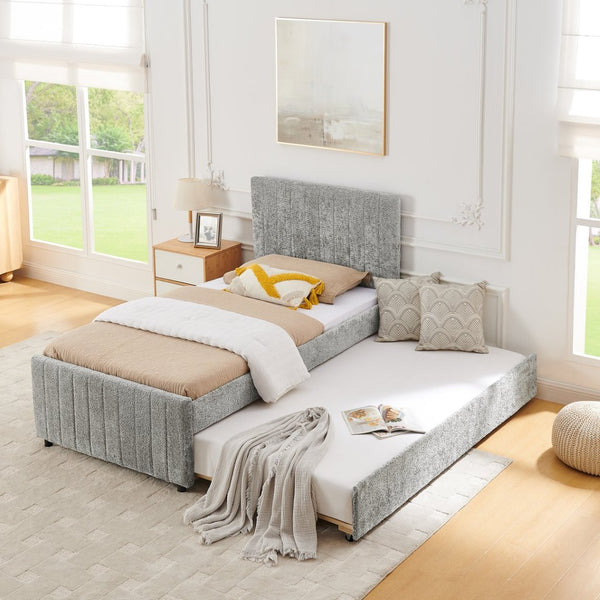 English Elm Twin Chenille Upholstered Daybed with Pull Out Trundle for Compact Guest Bedroom Gray W1413S00204