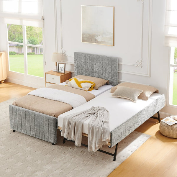 English Elm Twin Chenille Upholstered Daybed with Pull Out Trundle for Compact Guest Bedroom Gray W1413S00204