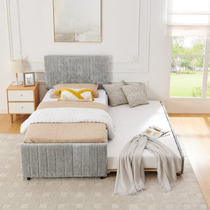 English Elm Twin Chenille Upholstered Daybed with Pull Out Trundle for Compact Guest Bedroom Gray W1413S00204