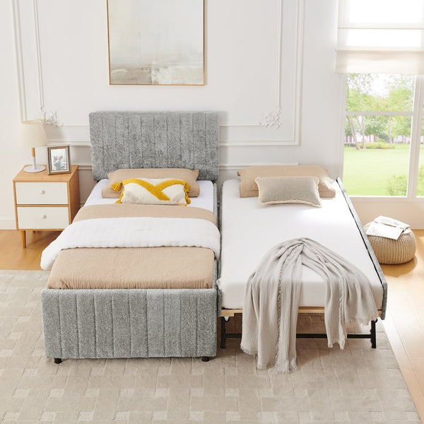 English Elm Twin Chenille Upholstered Daybed with Pull Out Trundle for Compact Guest Bedroom Gray W1413S00204