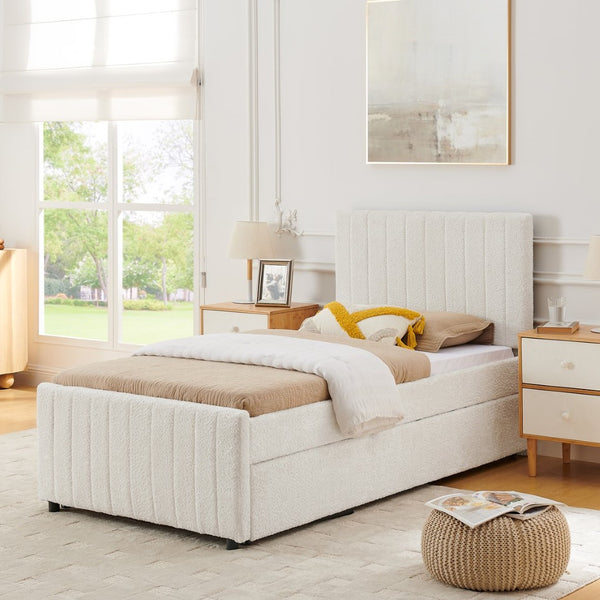 English Elm Twin Chenille Upholstered Daybed with Pull Out Trundle for Compact Guest Bedroom Beige W1413S00205