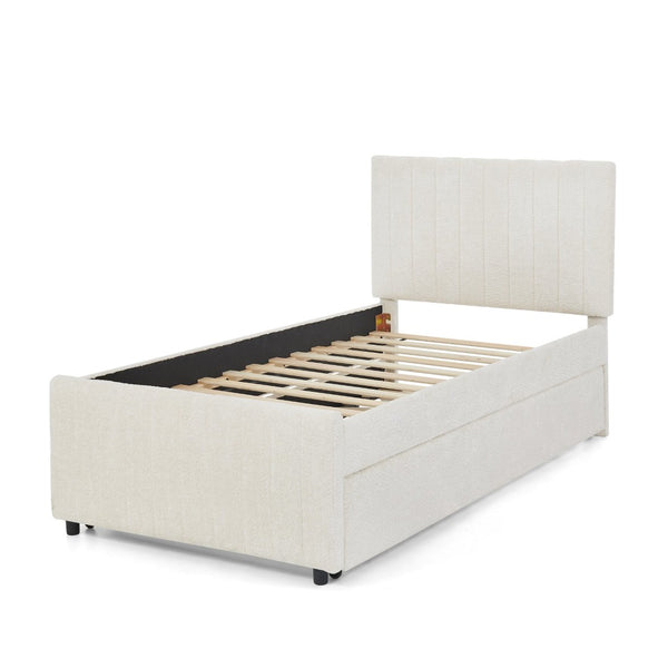 English Elm Twin Chenille Upholstered Daybed with Pull Out Trundle for Compact Guest Bedroom Beige W1413S00205