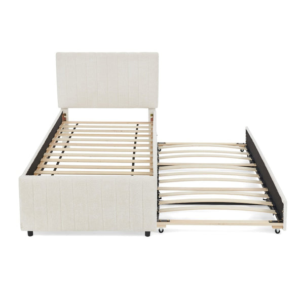 English Elm Twin Chenille Upholstered Daybed with Pull Out Trundle for Compact Guest Bedroom Beige W1413S00205