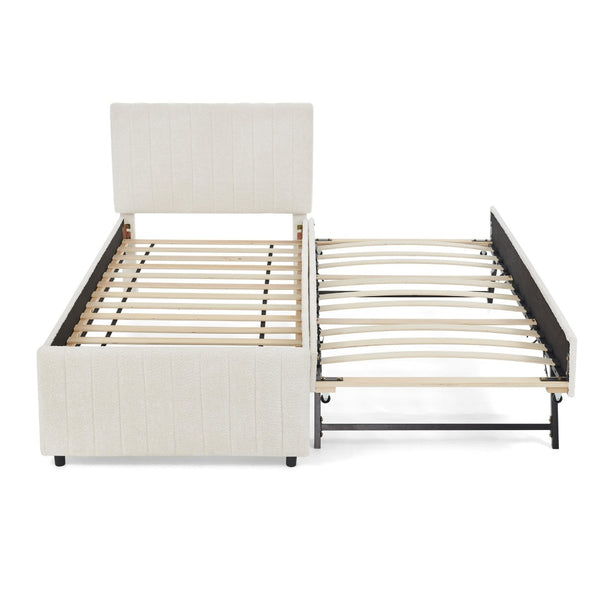 English Elm Twin Chenille Upholstered Daybed with Pull Out Trundle for Compact Guest Bedroom Beige W1413S00205