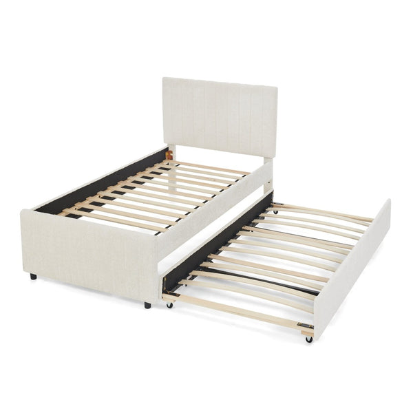 English Elm Twin Chenille Upholstered Daybed with Pull Out Trundle for Compact Guest Bedroom Beige W1413S00205