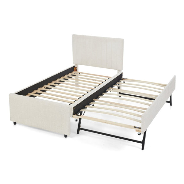 English Elm Twin Chenille Upholstered Daybed with Pull Out Trundle for Compact Guest Bedroom Beige W1413S00205