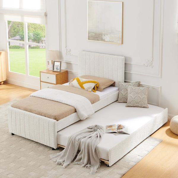 English Elm Twin Chenille Upholstered Daybed with Pull Out Trundle for Compact Guest Bedroom Beige W1413S00205