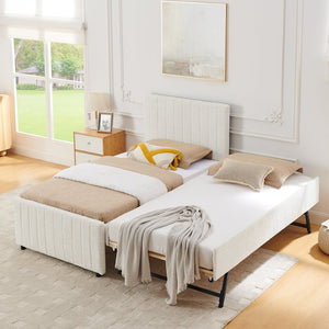 English Elm Twin Chenille Upholstered Daybed with Pull Out Trundle for Compact Guest Bedroom Beige W1413S00205