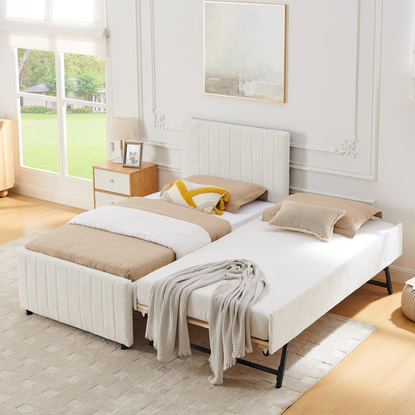 English Elm Twin Chenille Upholstered Daybed with Pull Out Trundle for Compact Guest Bedroom Beige W1413S00205