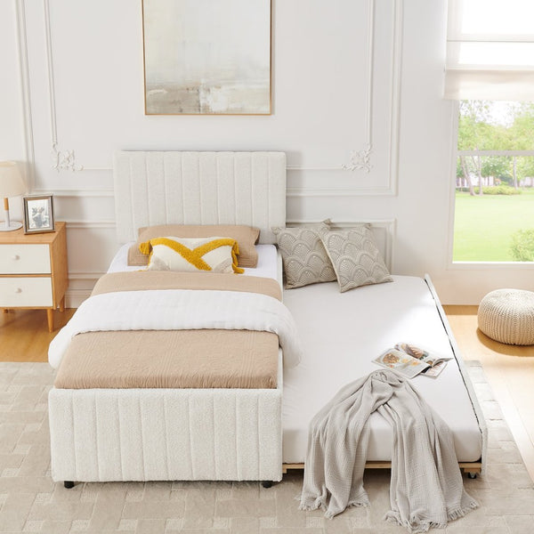 English Elm Twin Chenille Upholstered Daybed with Pull Out Trundle for Compact Guest Bedroom Beige W1413S00205