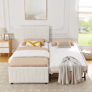 English Elm Twin Chenille Upholstered Daybed with Pull Out Trundle for Compact Guest Bedroom Beige W1413S00205