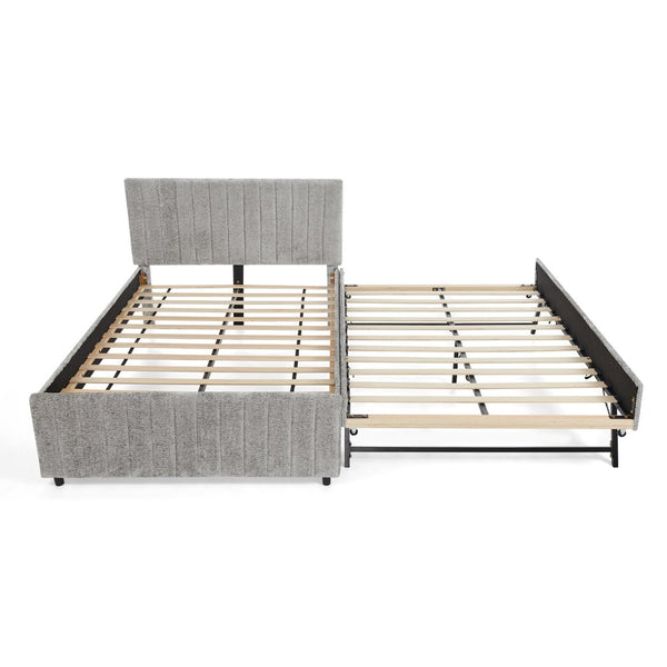 English Elm Full Size Chenille Upholstered Daybed with Pull Out Trundle for Guest Rooms Gray W1413S00206