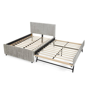 English Elm Full Size Chenille Upholstered Daybed with Pull Out Trundle for Guest Rooms Gray W1413S00206