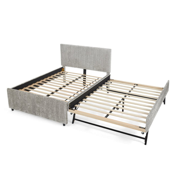 English Elm Full Size Chenille Upholstered Daybed with Pull Out Trundle for Guest Rooms Gray W1413S00206