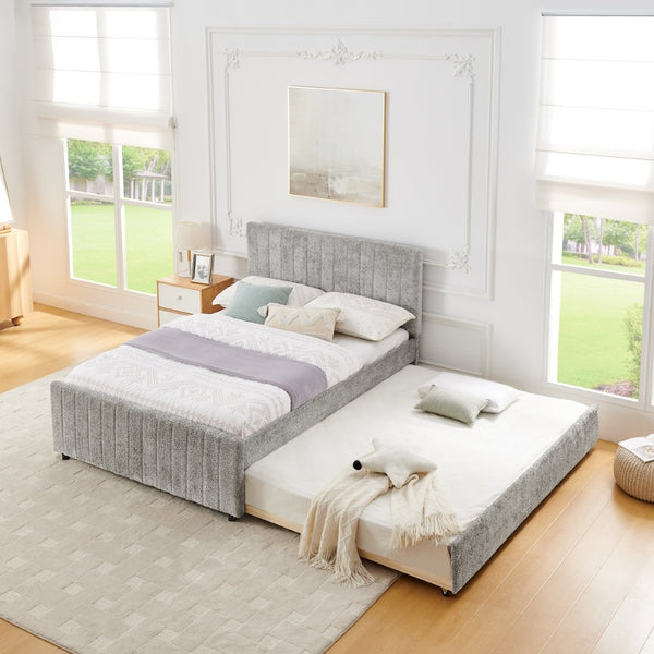 English Elm Full Size Chenille Upholstered Daybed with Pull Out Trundle for Guest Rooms Gray W1413S00206