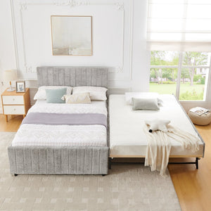 English Elm Full Size Chenille Upholstered Daybed with Pull Out Trundle for Guest Rooms Gray W1413S00206