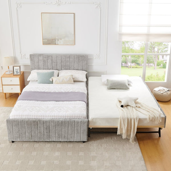 English Elm Full Size Chenille Upholstered Daybed with Pull Out Trundle for Guest Rooms Gray W1413S00206