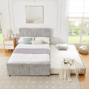 English Elm Full Size Chenille Upholstered Daybed with Pull Out Trundle for Guest Rooms Gray W1413S00206