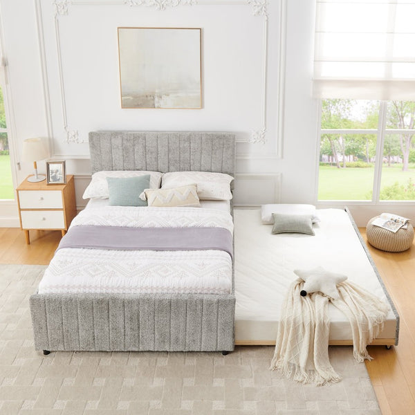 English Elm Full Size Chenille Upholstered Daybed with Pull Out Trundle for Guest Rooms Gray W1413S00206