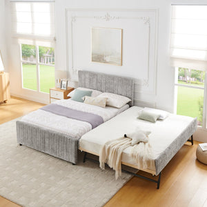 English Elm Full Size Chenille Upholstered Daybed with Pull Out Trundle for Guest Rooms Gray W1413S00206