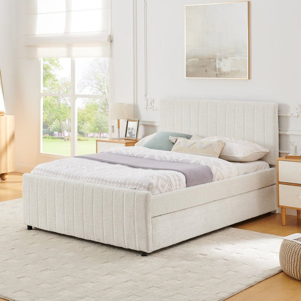 English Elm Full Size Chenille Upholstered Daybed with Pull Out Trundle for Guest Rooms Beige W1413S00207