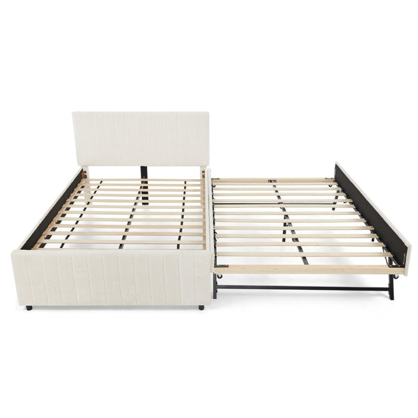 English Elm Full Size Chenille Upholstered Daybed with Pull Out Trundle for Guest Rooms Beige W1413S00207