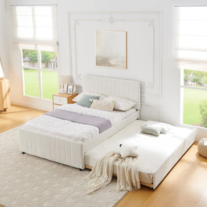 English Elm Full Size Chenille Upholstered Daybed with Pull Out Trundle for Guest Rooms Beige W1413S00207