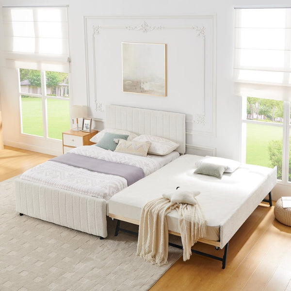 English Elm Full Size Chenille Upholstered Daybed with Pull Out Trundle for Guest Rooms Beige W1413S00207