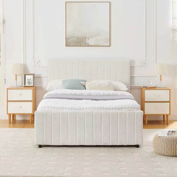 English Elm Full Size Chenille Upholstered Daybed with Pull Out Trundle for Guest Rooms Beige W1413S00207