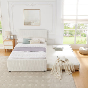 English Elm Full Size Chenille Upholstered Daybed with Pull Out Trundle for Guest Rooms Beige W1413S00207