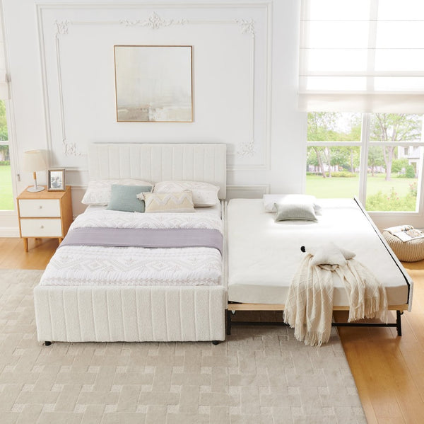 English Elm Full Size Chenille Upholstered Daybed with Pull Out Trundle for Guest Rooms Beige W1413S00207