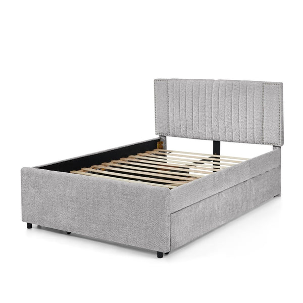 English Elm Full Chenille Upholstered Bed with Channel Tufted Headboard Trundle and Storage Drawers Grey W1413S00208