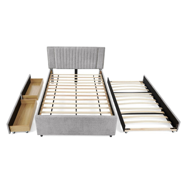 English Elm Full Chenille Upholstered Bed with Channel Tufted Headboard Trundle and Storage Drawers Grey W1413S00208