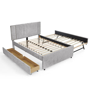 English Elm Full Chenille Upholstered Bed with Channel Tufted Headboard Trundle and Storage Drawers Grey W1413S00208