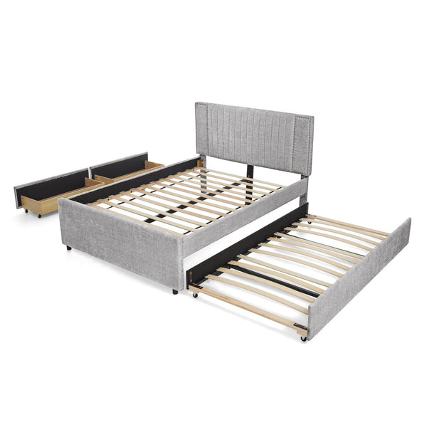 English Elm Full Chenille Upholstered Bed with Channel Tufted Headboard Trundle and Storage Drawers Grey W1413S00208
