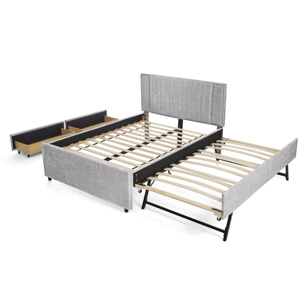 English Elm Full Chenille Upholstered Bed with Channel Tufted Headboard Trundle and Storage Drawers Grey W1413S00208