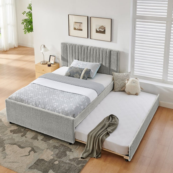 English Elm Full Chenille Upholstered Bed with Channel Tufted Headboard Trundle and Storage Drawers Grey W1413S00208