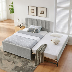English Elm Full Chenille Upholstered Bed with Channel Tufted Headboard Trundle and Storage Drawers Grey W1413S00208