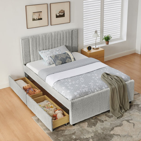 English Elm Full Chenille Upholstered Bed with Channel Tufted Headboard Trundle and Storage Drawers Grey W1413S00208