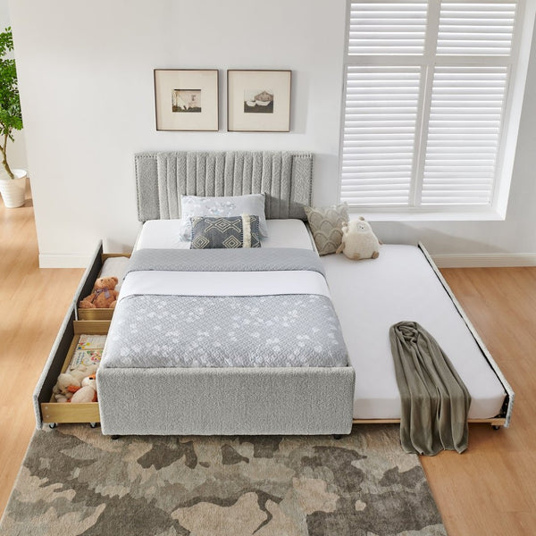 English Elm Full Chenille Upholstered Bed with Channel Tufted Headboard Trundle and Storage Drawers Grey W1413S00208