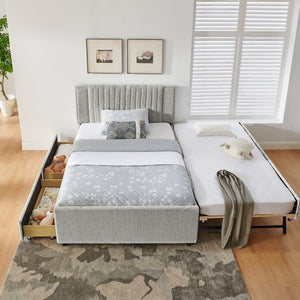 English Elm Full Chenille Upholstered Bed with Channel Tufted Headboard Trundle and Storage Drawers Grey W1413S00208